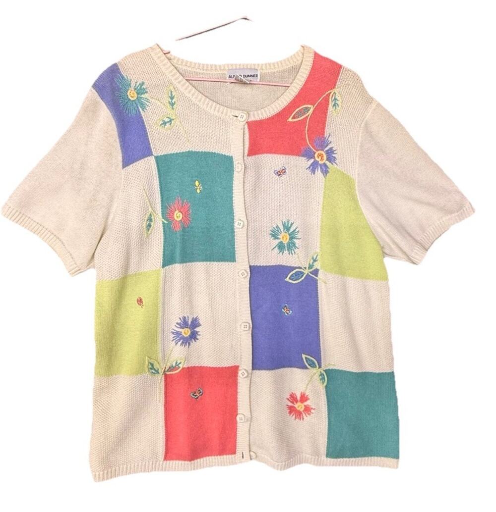 Vintage Alfred Dunner Patchwork Embroidered Cardigan Grandma Core Large Floral